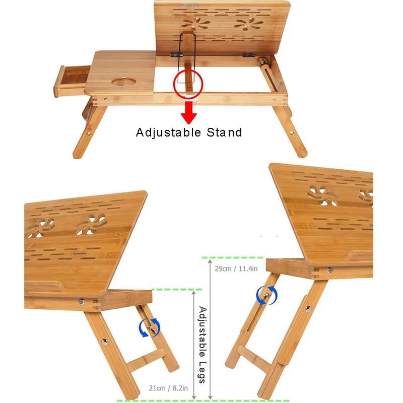 Grande vassoio per laptop in bambù pieghevole con supporto per tazza per gambe regolabili in altezza