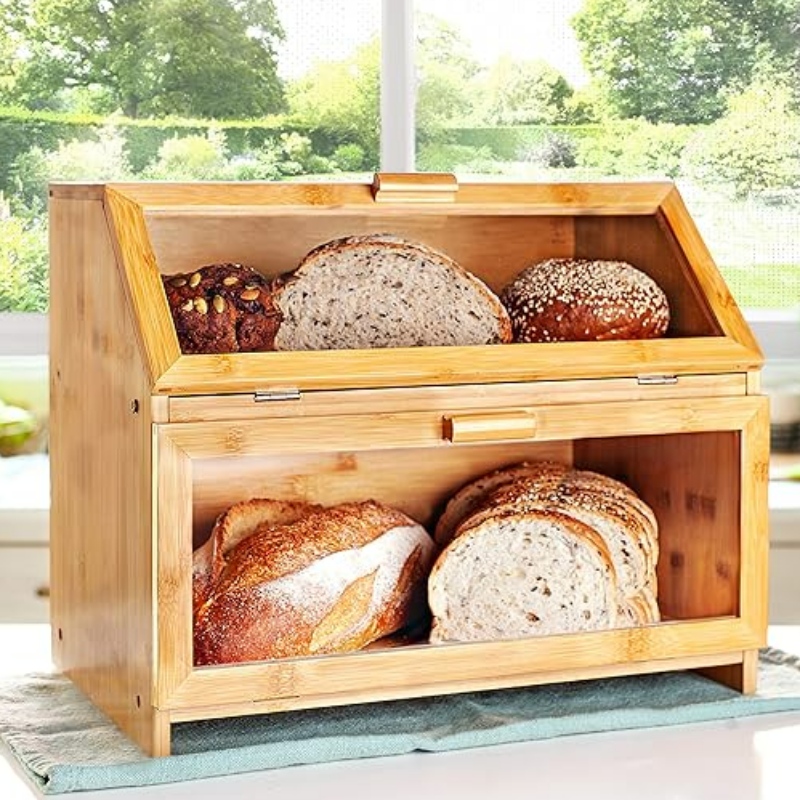 Box di pane di bambù per bancone da cucina - Presentazione del pane a doppio strato con finestre trasparenti - bidone del pane in stile fattoria rustico