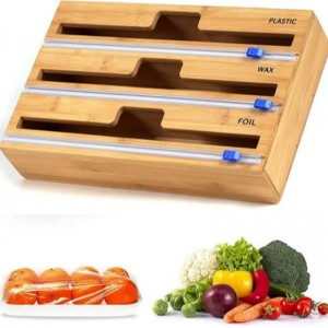 Distributore di avvolgimento da 3 in 1 con taglierina, involucro di plastica, foglio di alluminio e distributore di carta per cera per il cassetto della cucina, supporto per organizzatore rotolo di bambù, compatibile con 12 \\\\ \\\